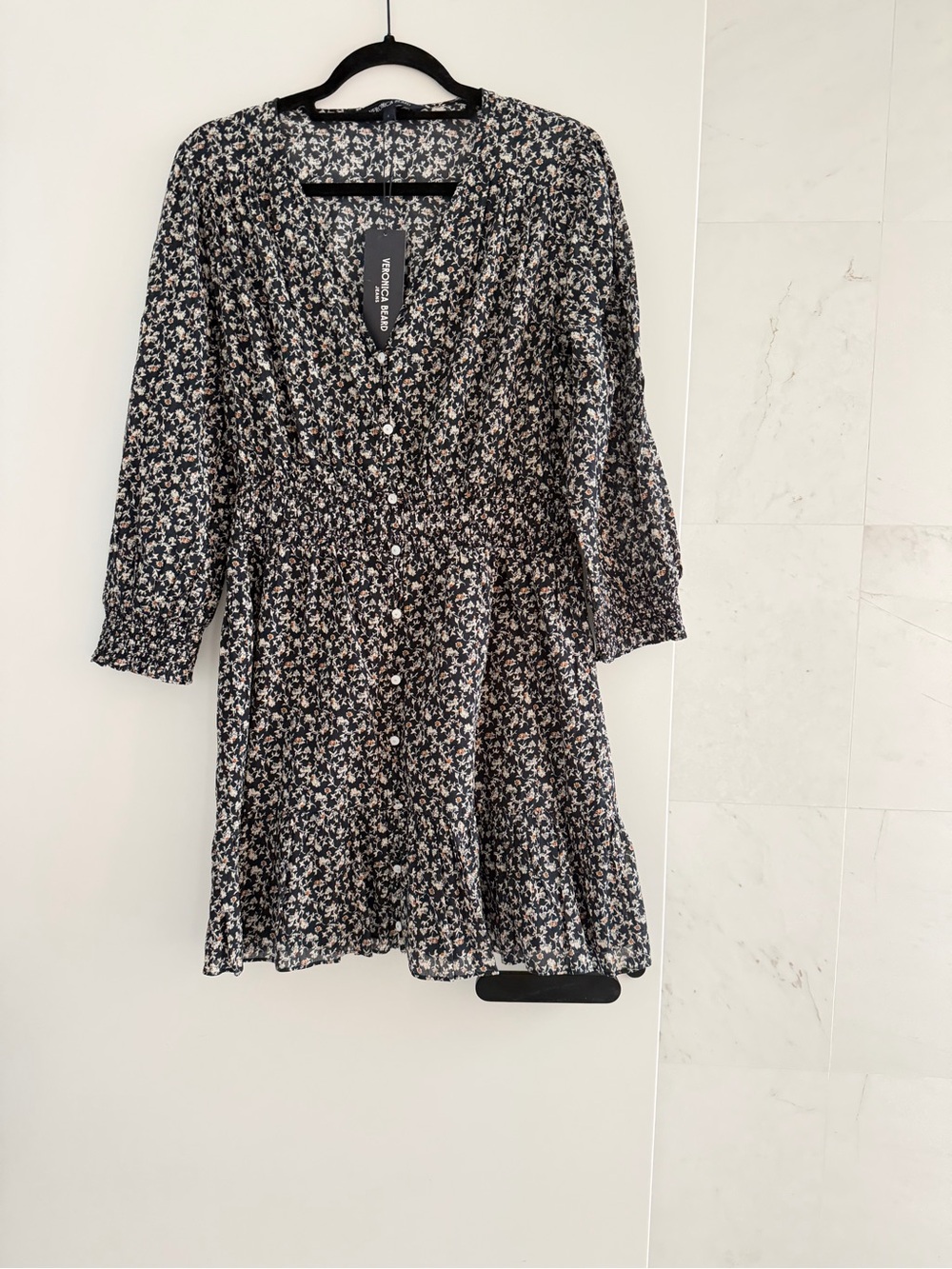 Veronica Beard Black Floral Tiered Button-Front Mini Dress